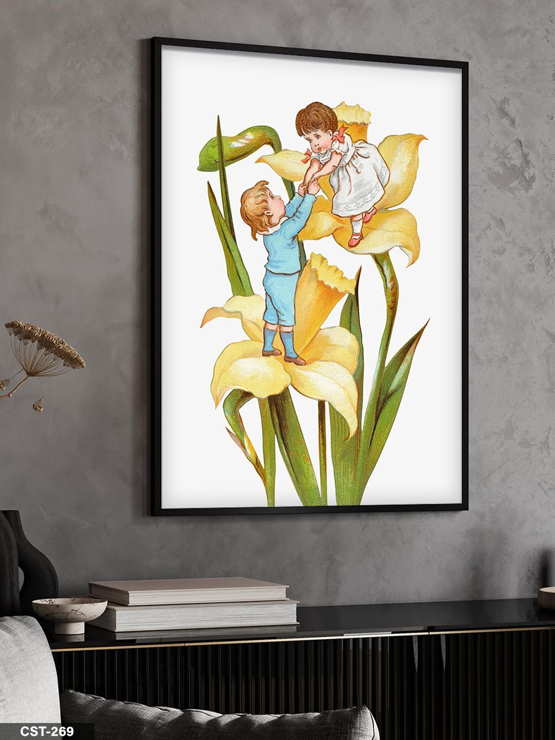 Çiçek Üzerinde 2 Çocuk Tek Parça Ahşap Çerçeveli Tablo Siyah - 20 x 30 CM