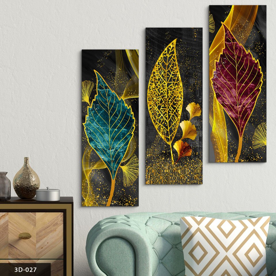 Gold Işıltılı Renkli Yapraklar 3 Parça Mdf Tablo