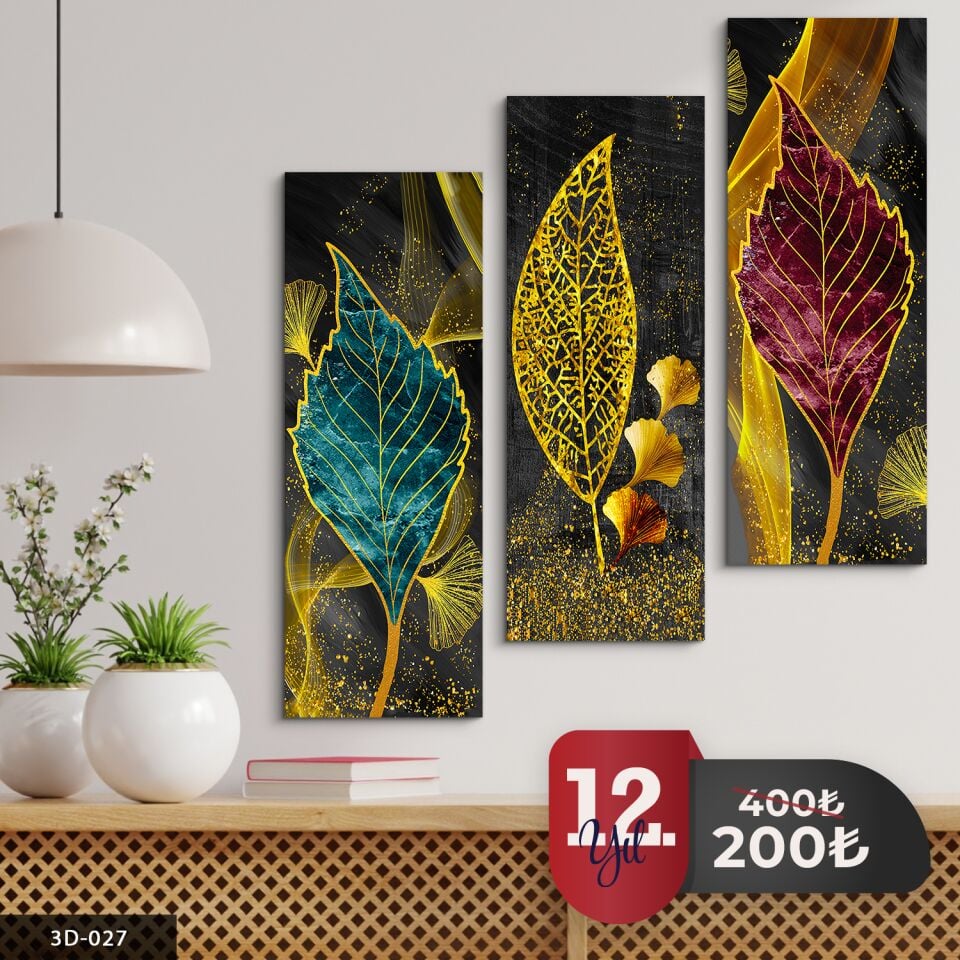 Gold Işıltılı Renkli Yapraklar 3 Parça Mdf Tablo