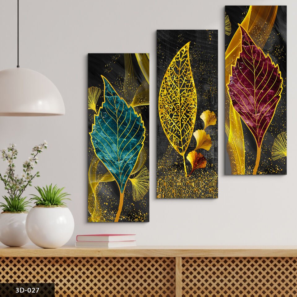 Gold Işıltılı Renkli Yapraklar 3 Parça Mdf Tablo