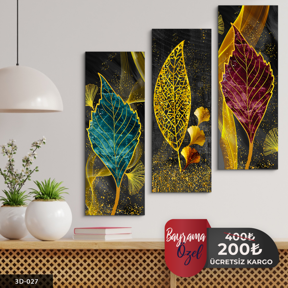 Gold Işıltılı Renkli Yapraklar 3 Parça Mdf Tablo