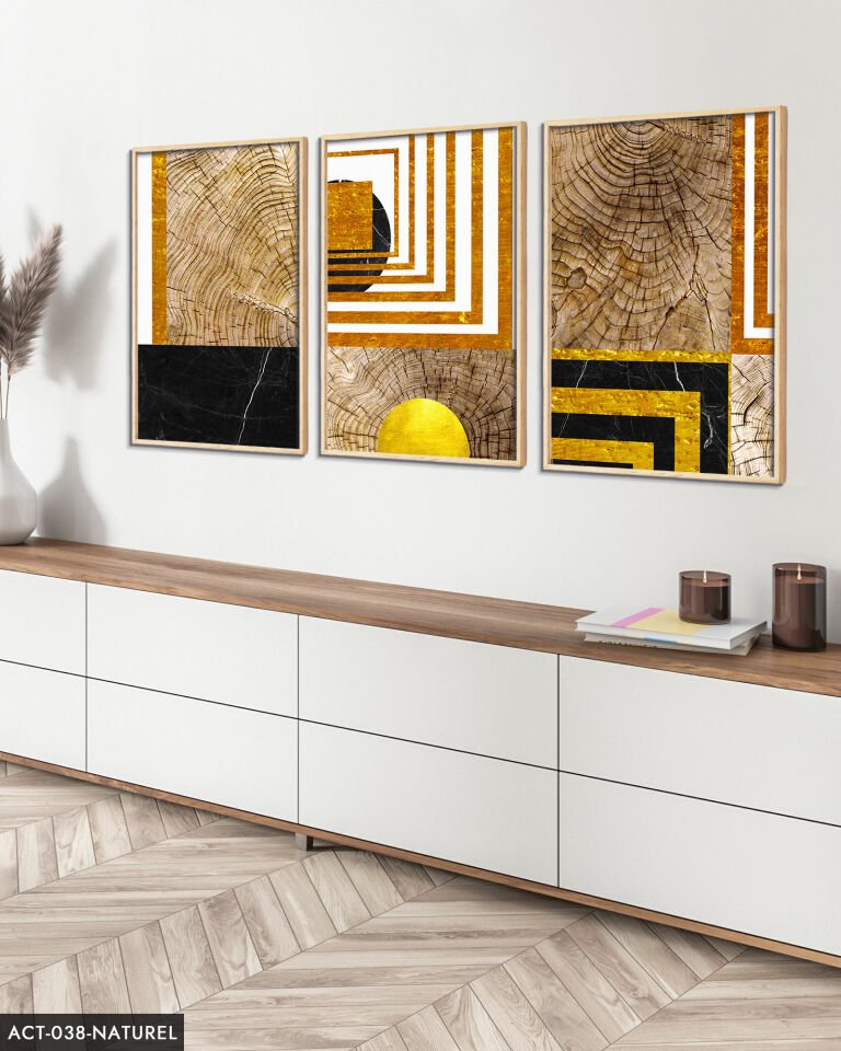 Soyut Sanatsal Desen 3 Parça Ahşap Çerçeveli Tablo ACT Naturel - 40 x 60 CM