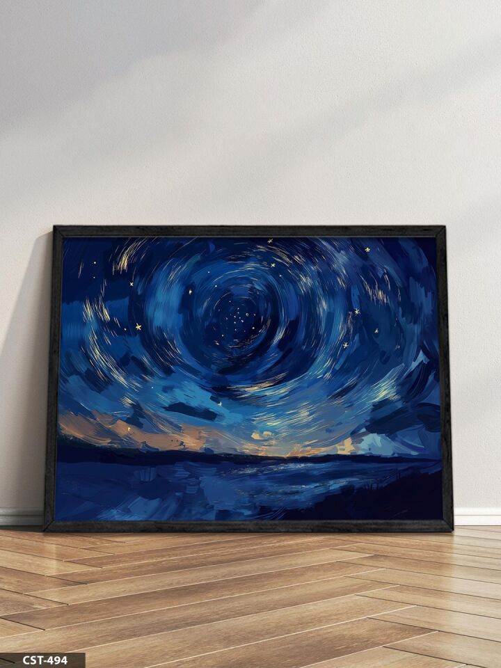 Yıldızlı Gece Tek Parça Ahşap Çerçeveli Tablo Siyah - 50 x 70 CM