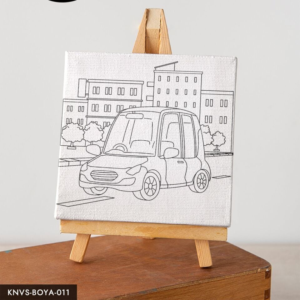 Araba Binalar Çocuklara Özel 20x20 CM Kanvas Tuval Boyama Seti Fırça Boya Dahildir