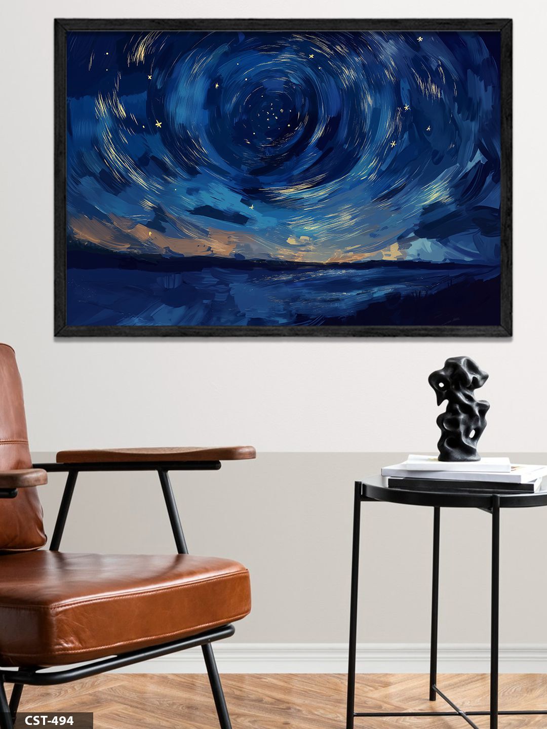 Yıldızlı Gece Tek Parça Ahşap Çerçeveli Tablo Siyah - 50 x 70 CM