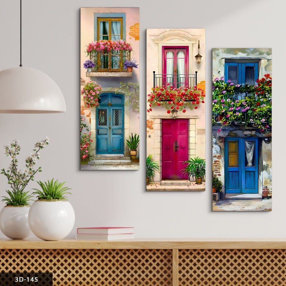 Çiçekli Pencere 3 Parça Mdf Tablo