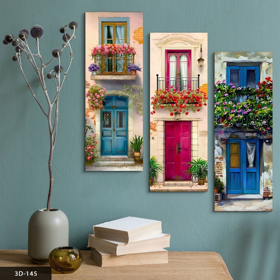 Çiçekli Pencere 3 Parça Mdf Tablo