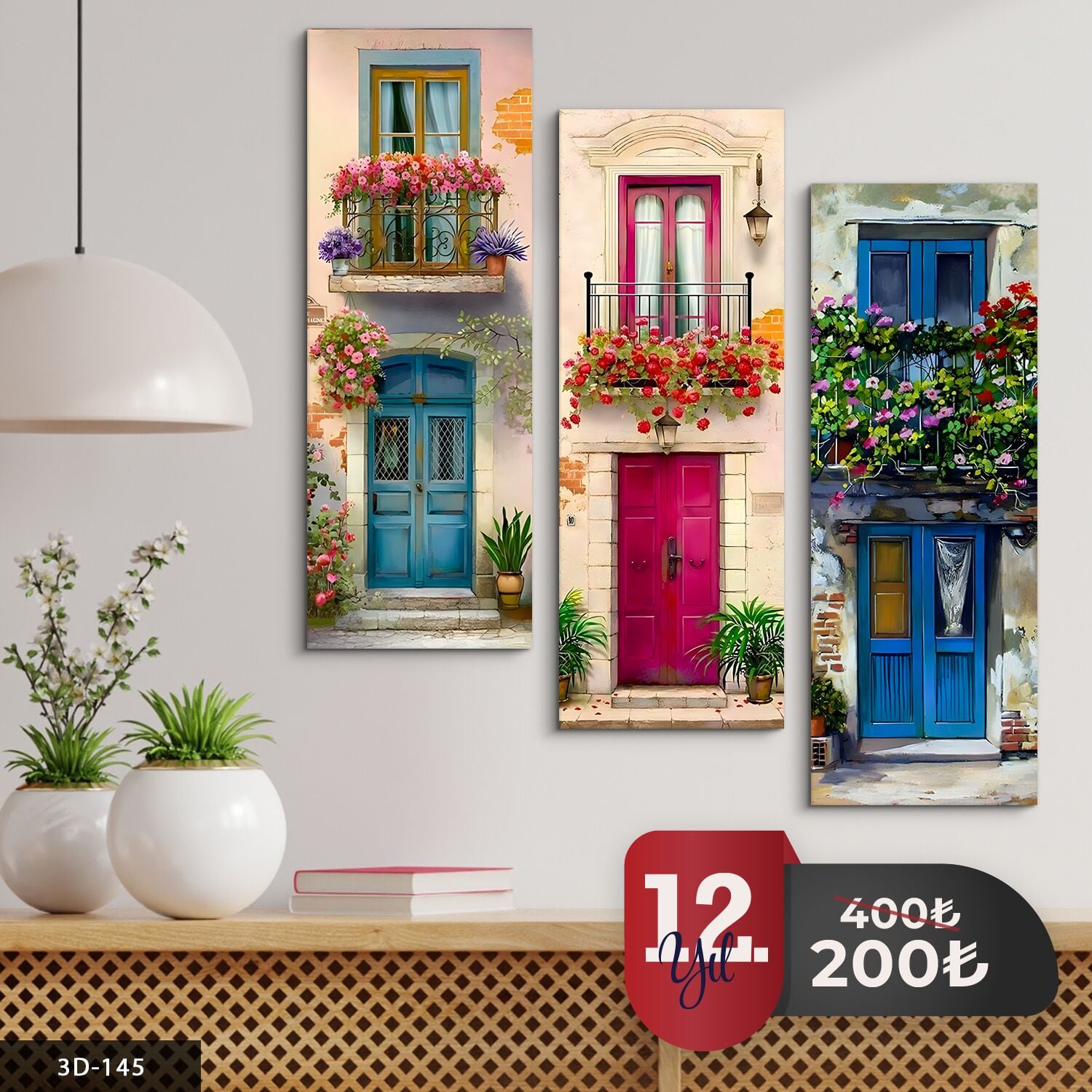 Çiçekli Pencere 3 Parça Mdf Tablo