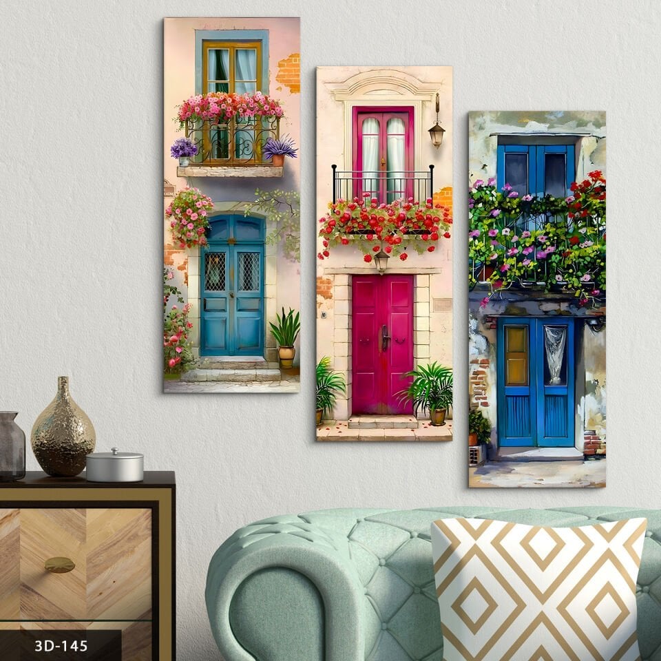 Çiçekli Pencere 3 Parça Mdf Tablo