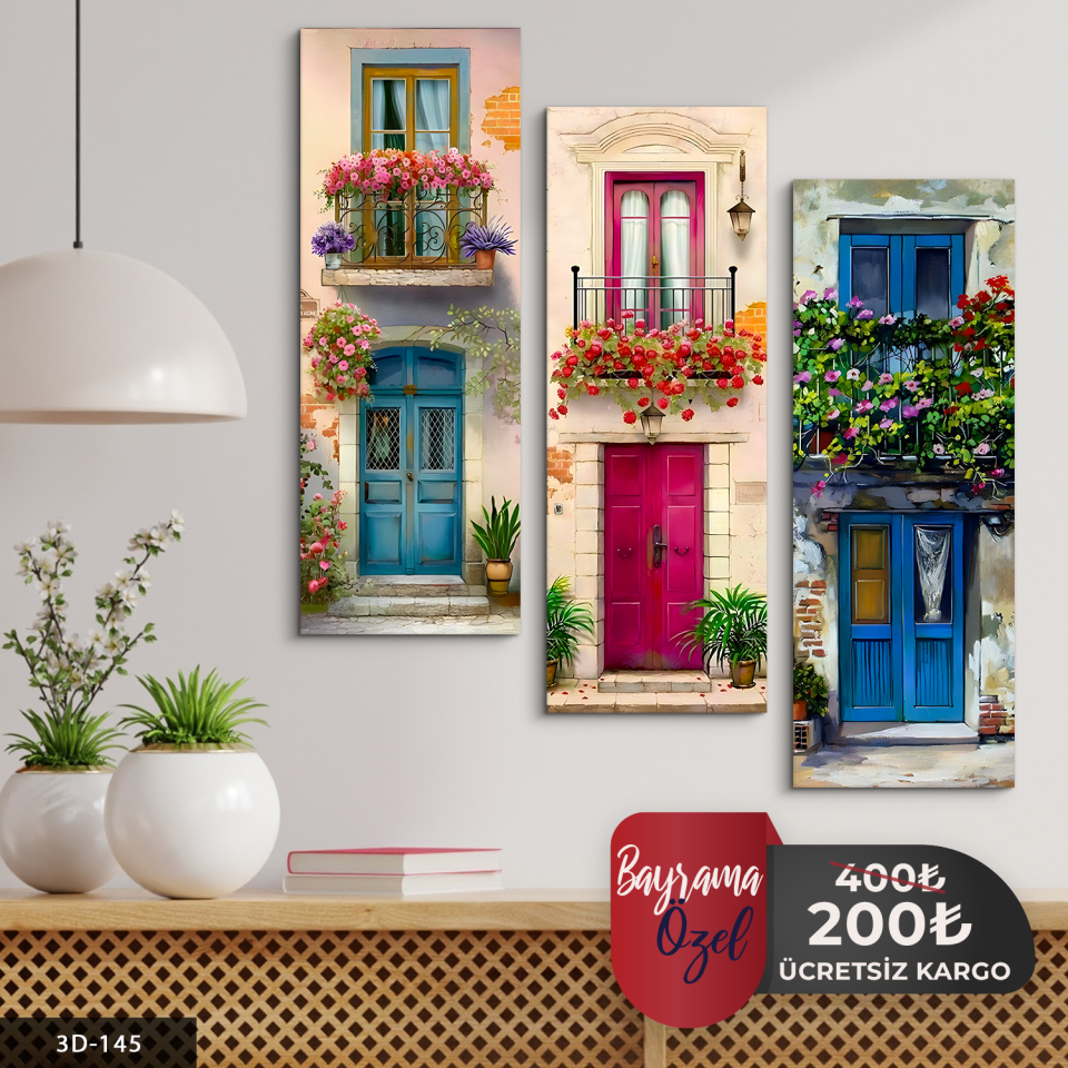 Çiçekli Pencere 3 Parça Mdf Tablo