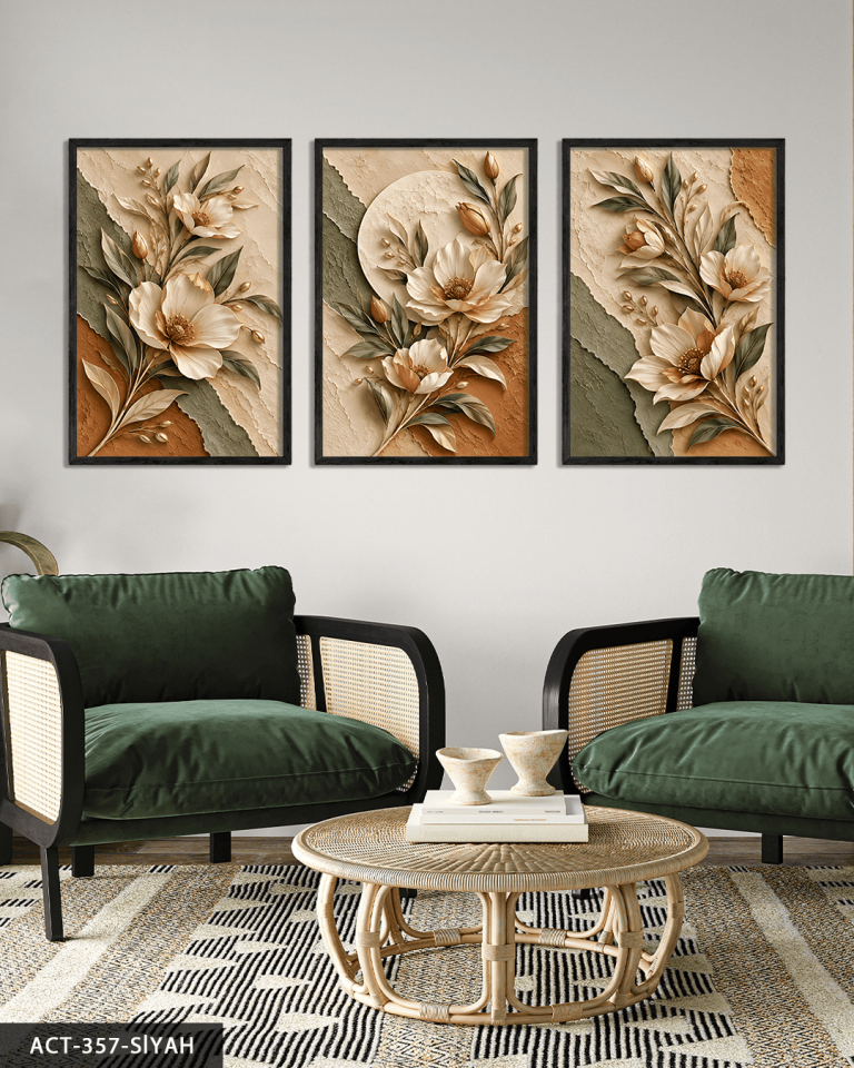 Dokulu Görünüm Soft Renkli Çiçek 3 Parça Ahşap Çerçeveli Tablo ACT Siyah - 30 x 40 CM
