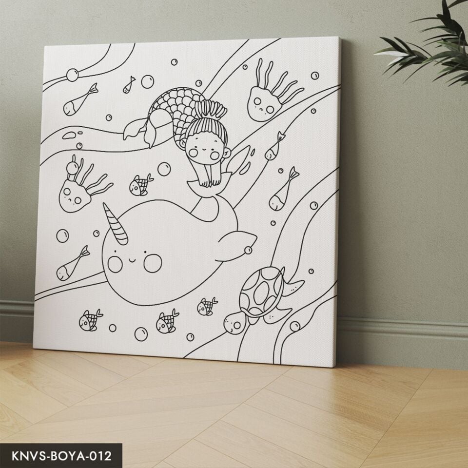 Deniz Kızı Balıklar Çocuklara Özel 20x20 CM Kanvas Tuval Boyama Seti Fırça Boya Dahildir