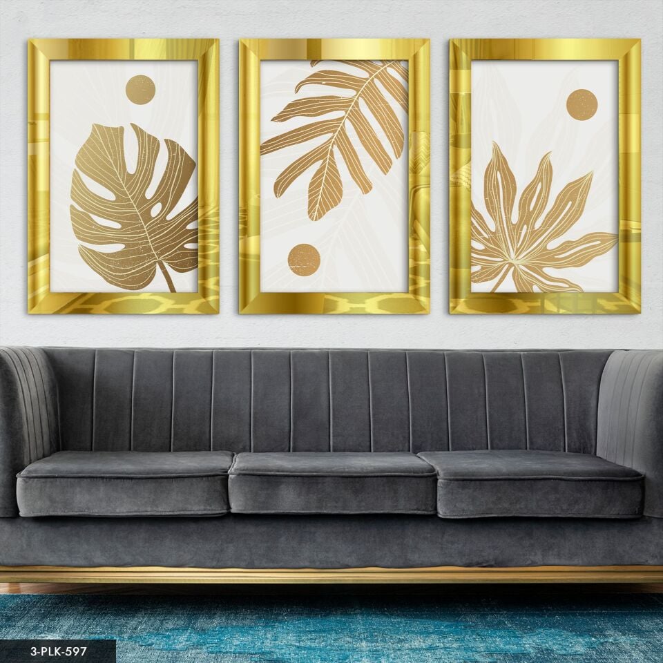 Yapraklar 3 Parça Pleksi Aynalı Tablo 20 x 30 CM - Gold