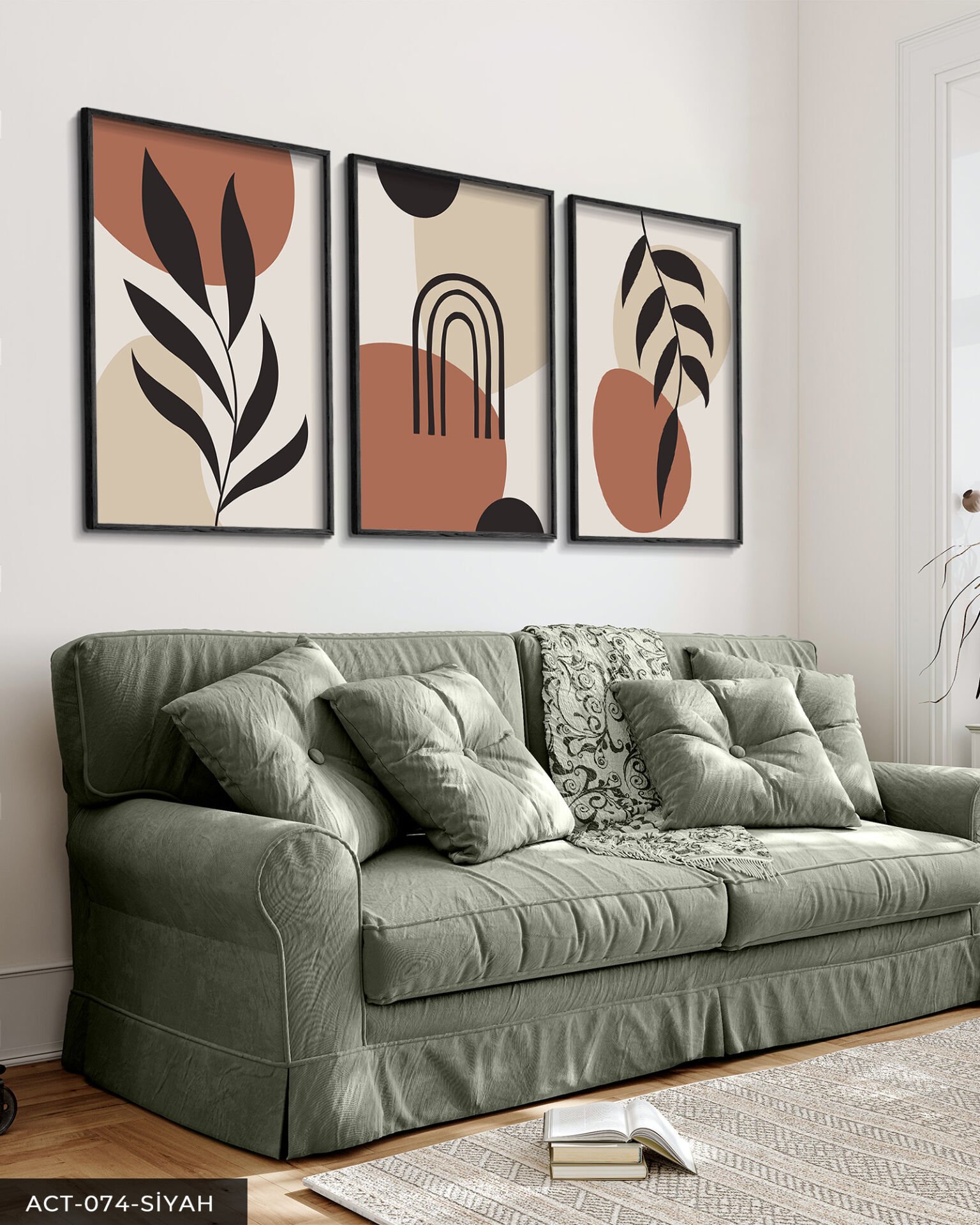 Yaprak Soyut 3 Parça Ahşap Çerçeveli Tablo Siyah - 50 x 70 CM