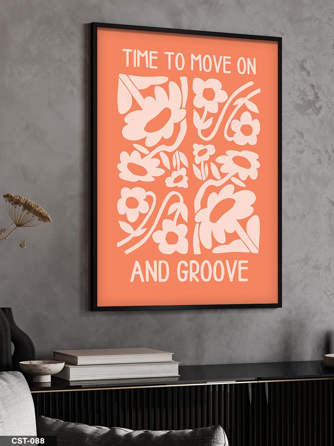 Turuncu Yaprak Desen And Groove Yazılı Tek Parça Ahşap Çerçeveli Tablo Siyah - 40 x 60 CM