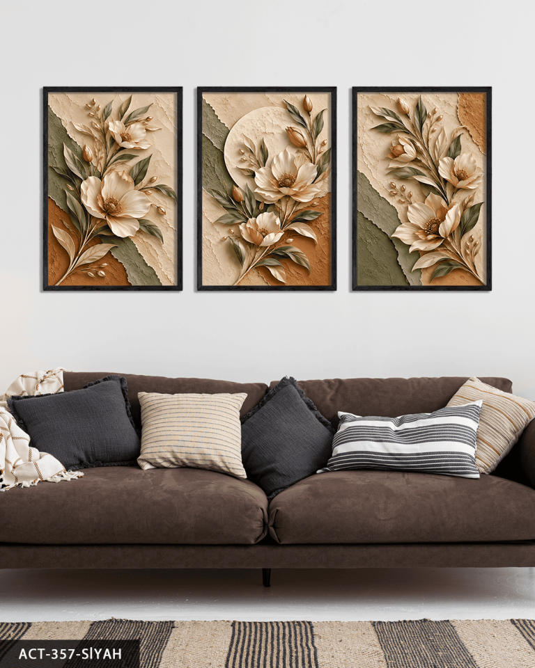 Dokulu Görünüm Soft Renkli Çiçek 3 Parça Ahşap Çerçeveli Tablo ACT Siyah - 40 x 60 CM