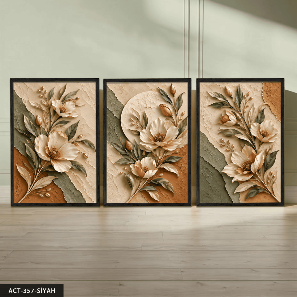Dokulu Görünüm Soft Renkli Çiçek 3 Parça Ahşap Çerçeveli Tablo ACT Siyah - 40 x 60 CM