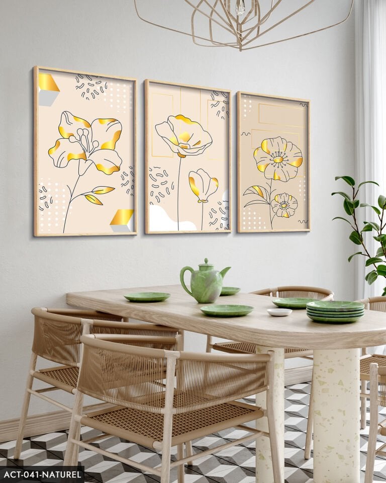 Çizim Çiçek 3 Parça Ahşap Çerçeveli Tablo ACT Naturel - 40 x 60 CM