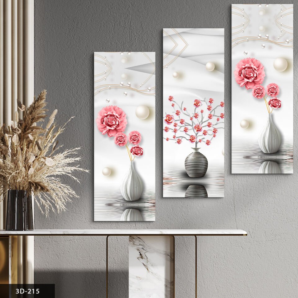 İnci Vazolu Çiçek 3 Parça Mdf Tablo