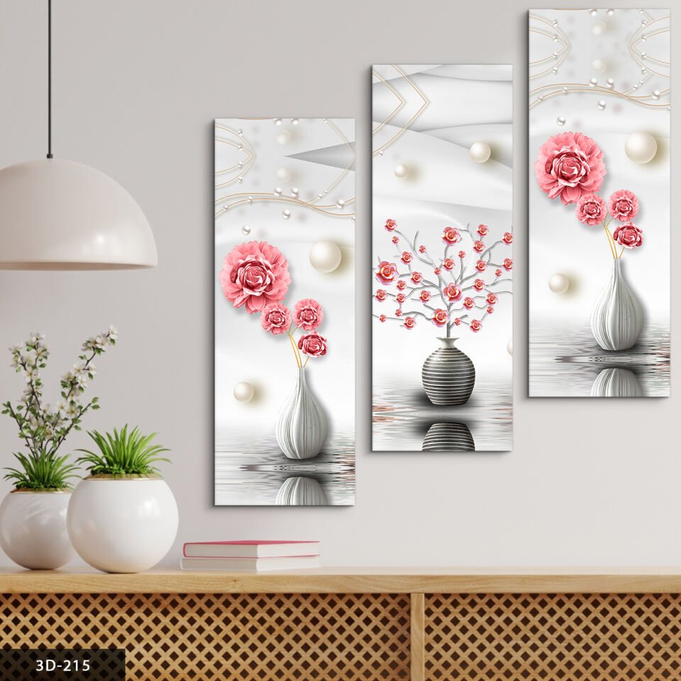İnci Vazolu Çiçek 3 Parça Mdf Tablo