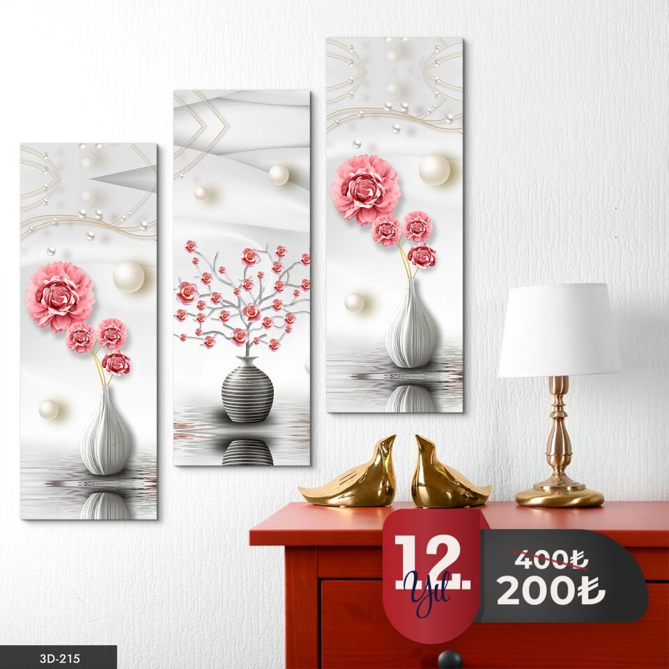 İnci Vazolu Çiçek 3 Parça Mdf Tablo