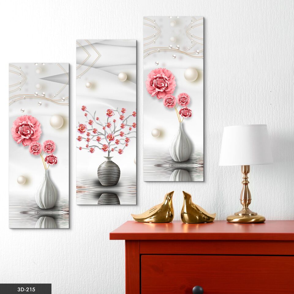İnci Vazolu Çiçek 3 Parça Mdf Tablo