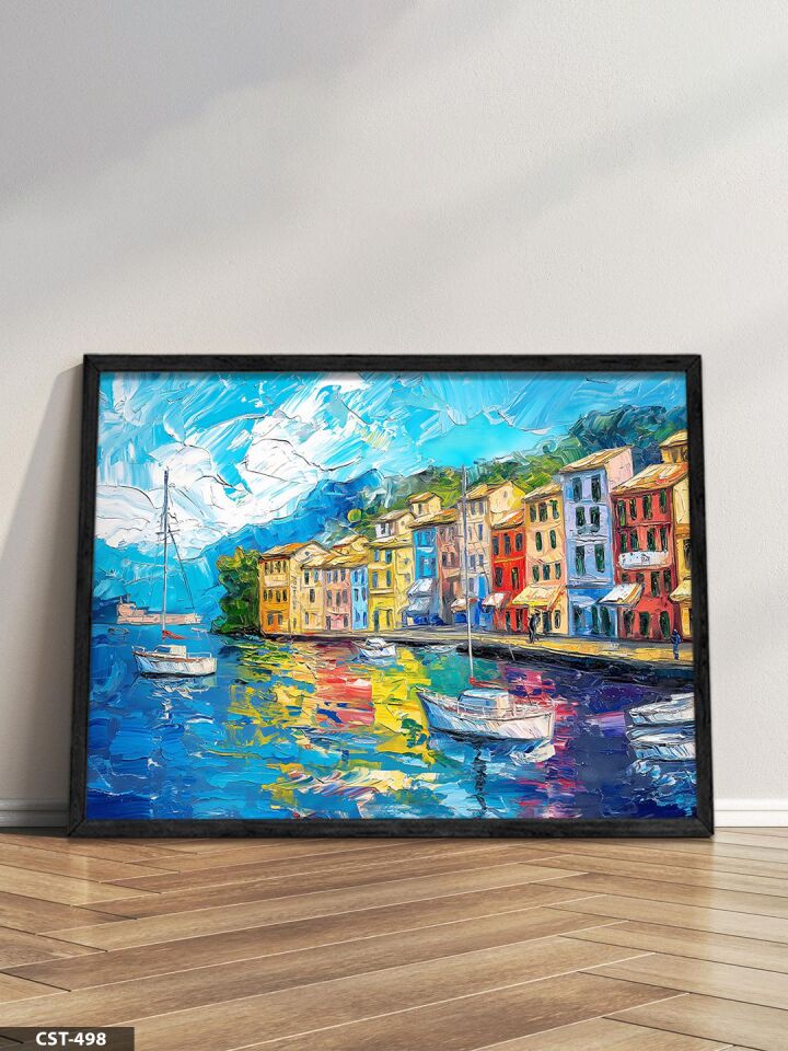 Renkli Liman Tek Parça Ahşap Çerçeveli Tablo Siyah - 50 x 70 CM
