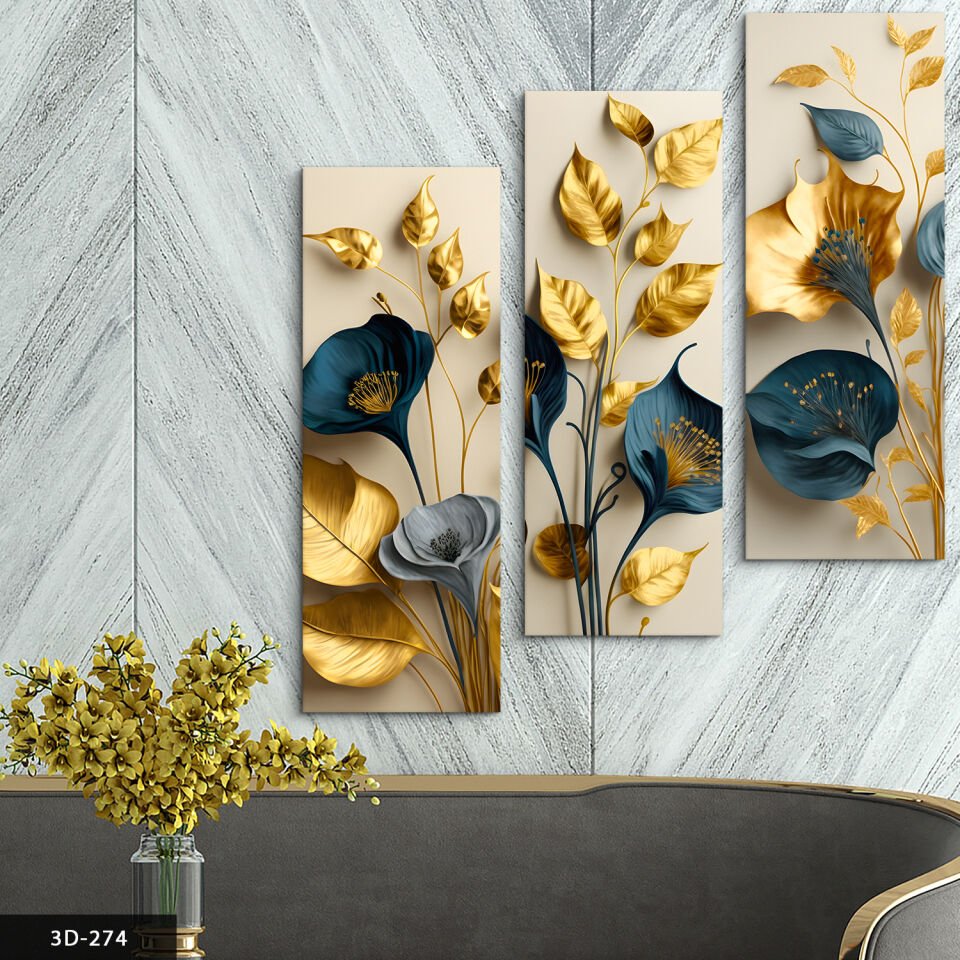 Zarif Çiçekler Yapraklar 3 Parça Mdf Tablo