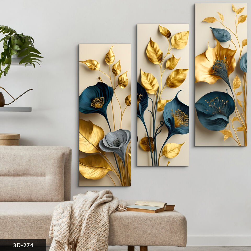 Zarif Çiçekler Yapraklar 3 Parça Mdf Tablo