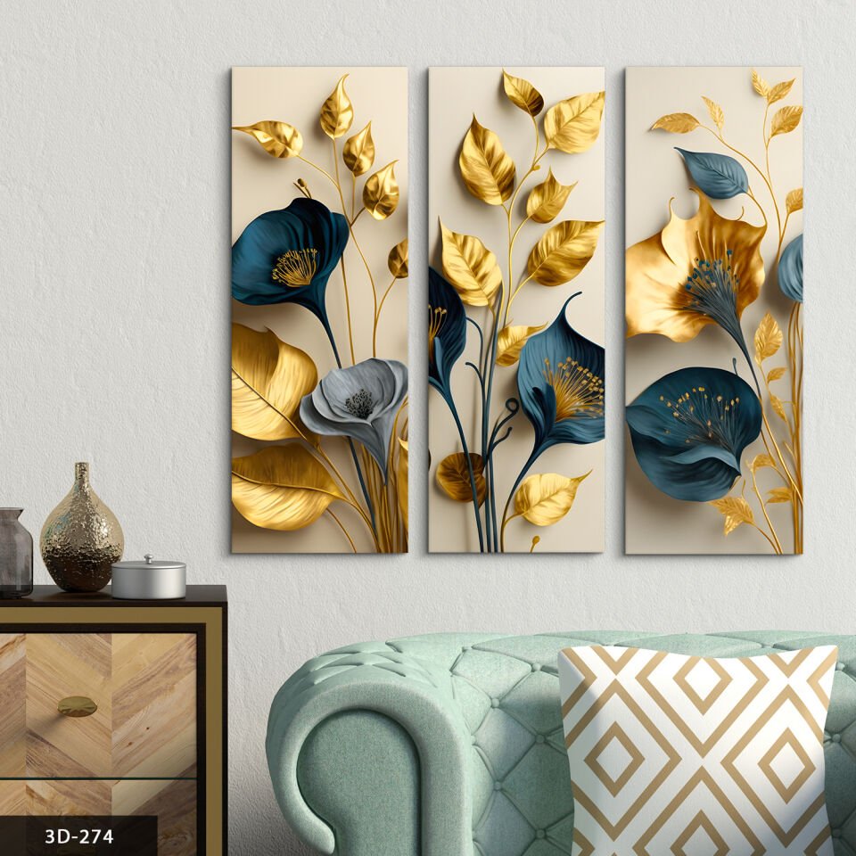 Zarif Çiçekler Yapraklar 3 Parça Mdf Tablo