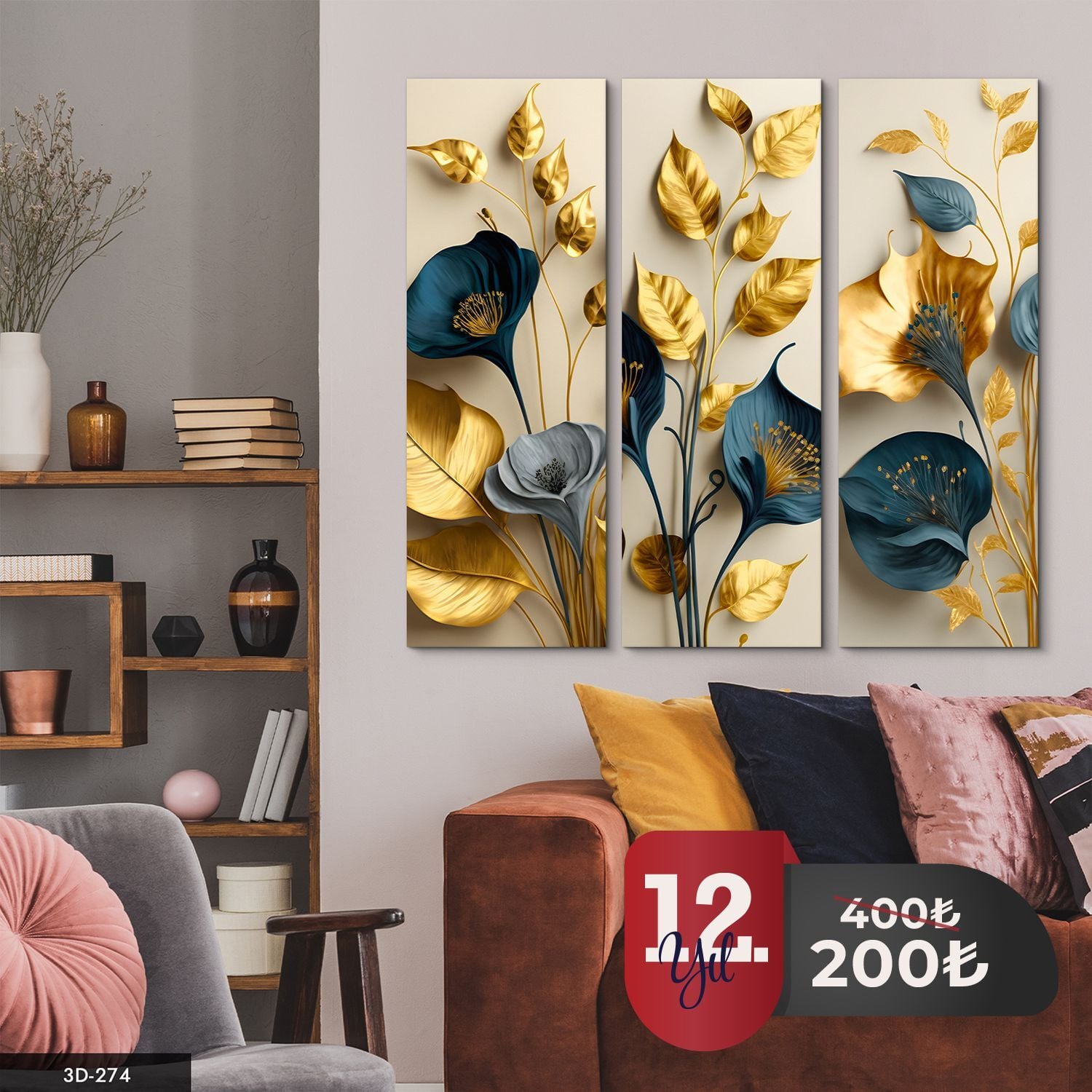 Zarif Çiçekler Yapraklar 3 Parça Mdf Tablo