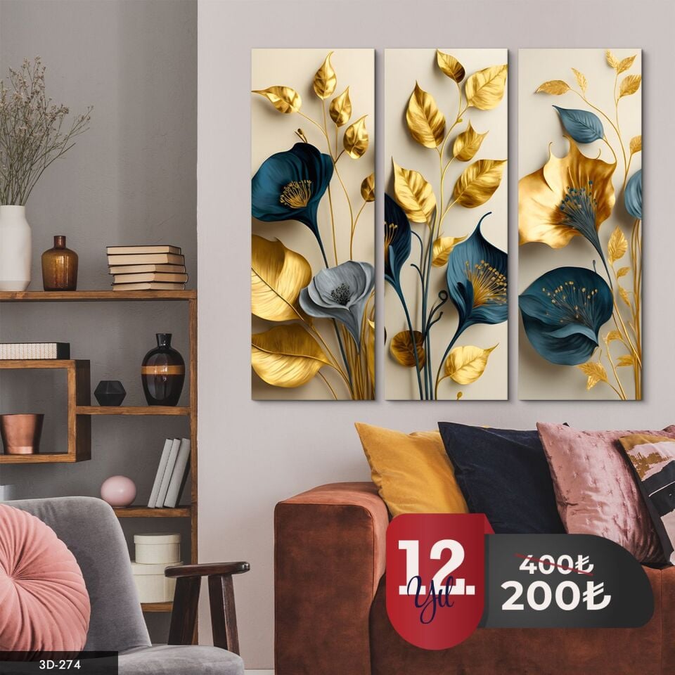 Zarif Çiçekler Yapraklar 3 Parça Mdf Tablo