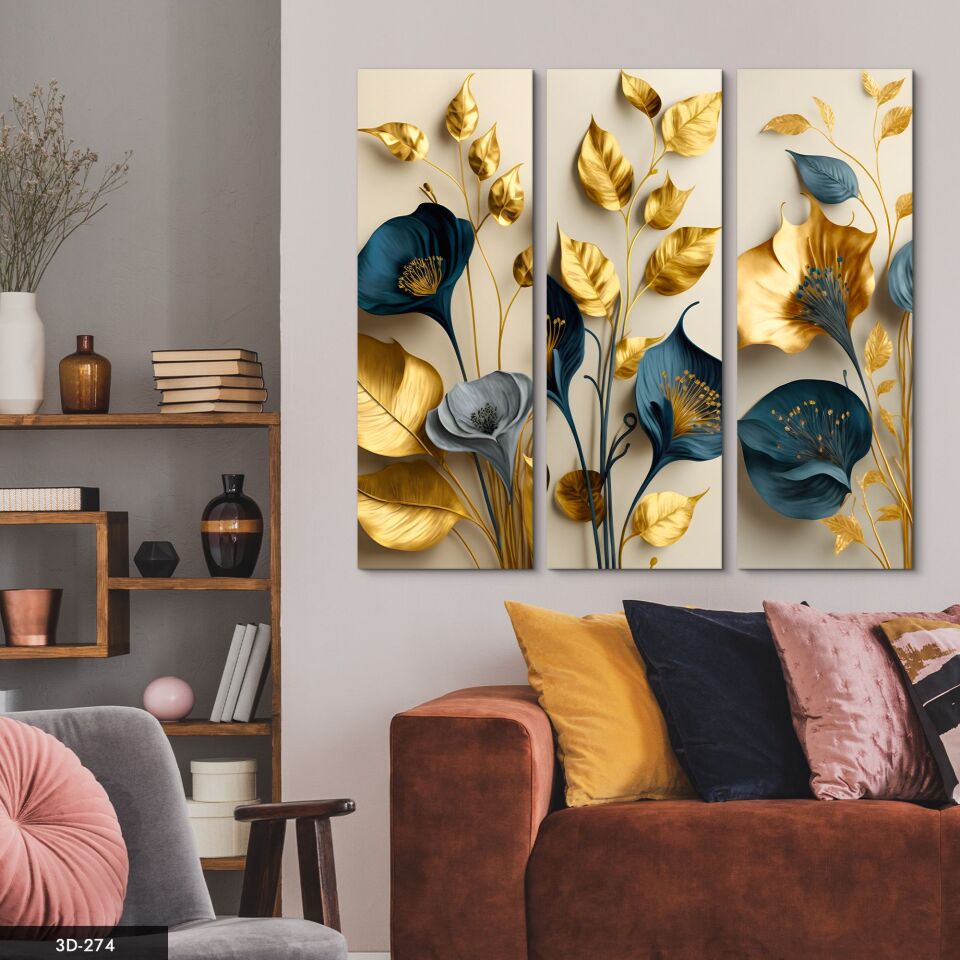 Zarif Çiçekler Yapraklar 3 Parça Mdf Tablo