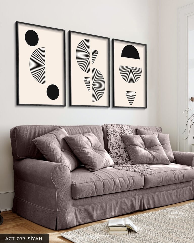 Soyut Geometrik Desenler 3 Parça Ahşap Çerçeveli Tablo Siyah - 50 x 70 CM