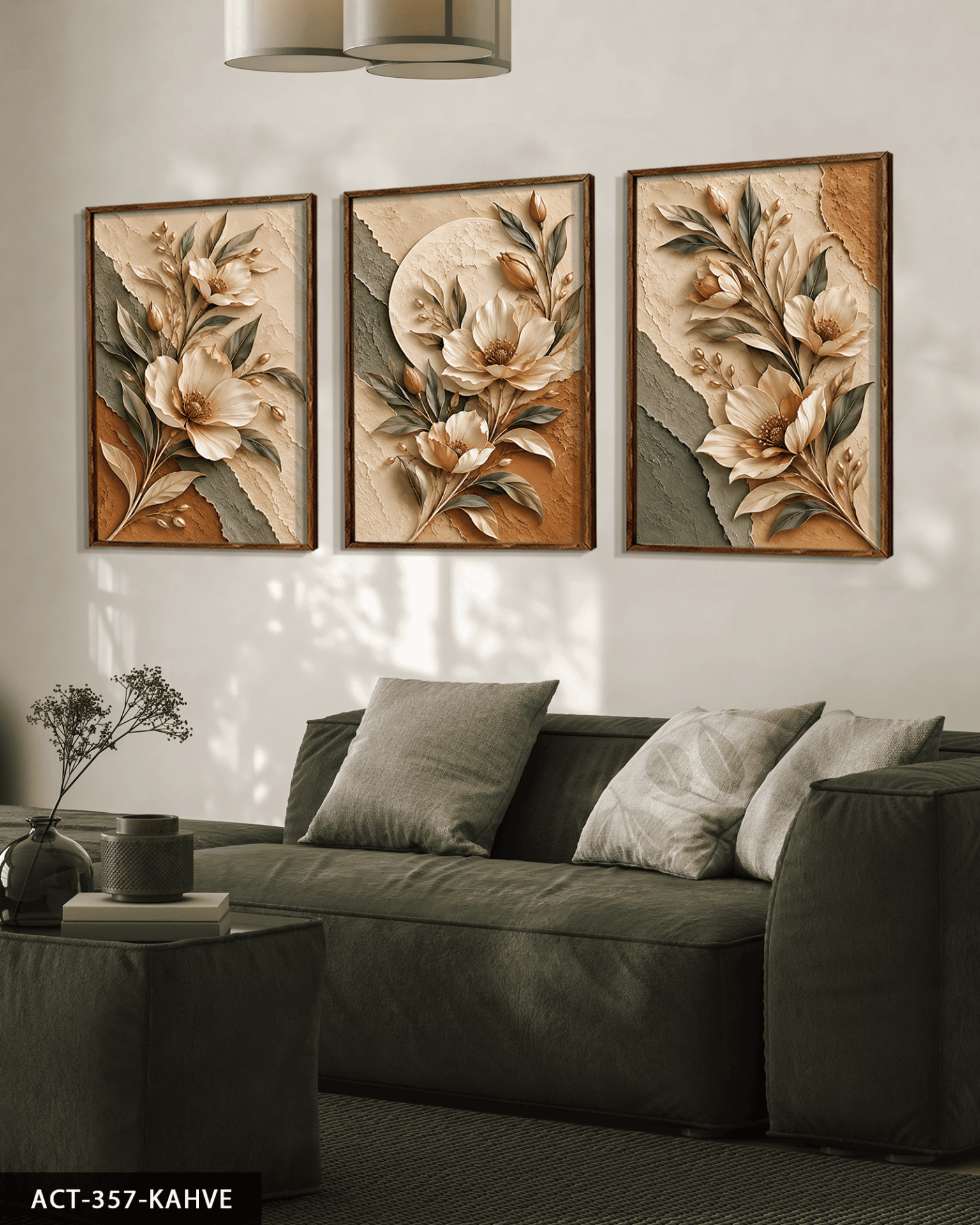 Dokulu Görünüm Soft Renkli Çiçek 3 Parça Ahşap Çerçeveli Tablo ACT Kahverengi - 30 x 40 CM