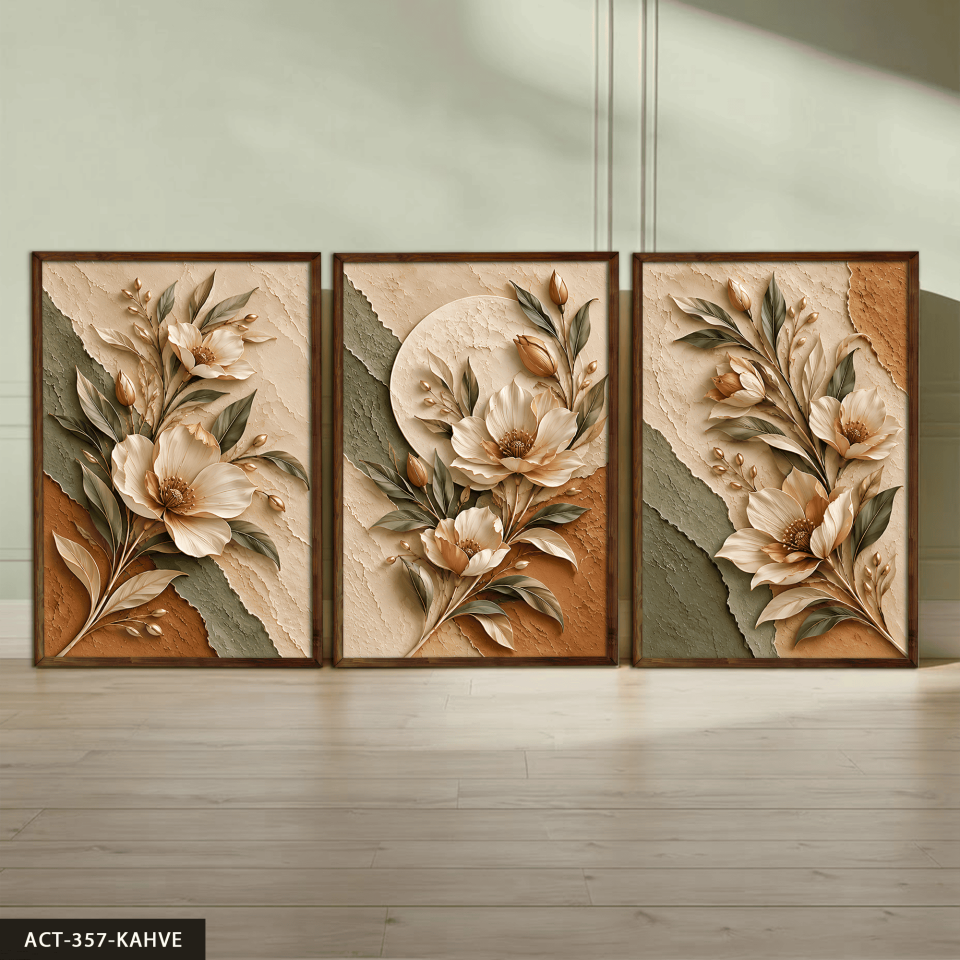 Dokulu Görünüm Soft Renkli Çiçek 3 Parça Ahşap Çerçeveli Tablo ACT Kahverengi - 30 x 40 CM