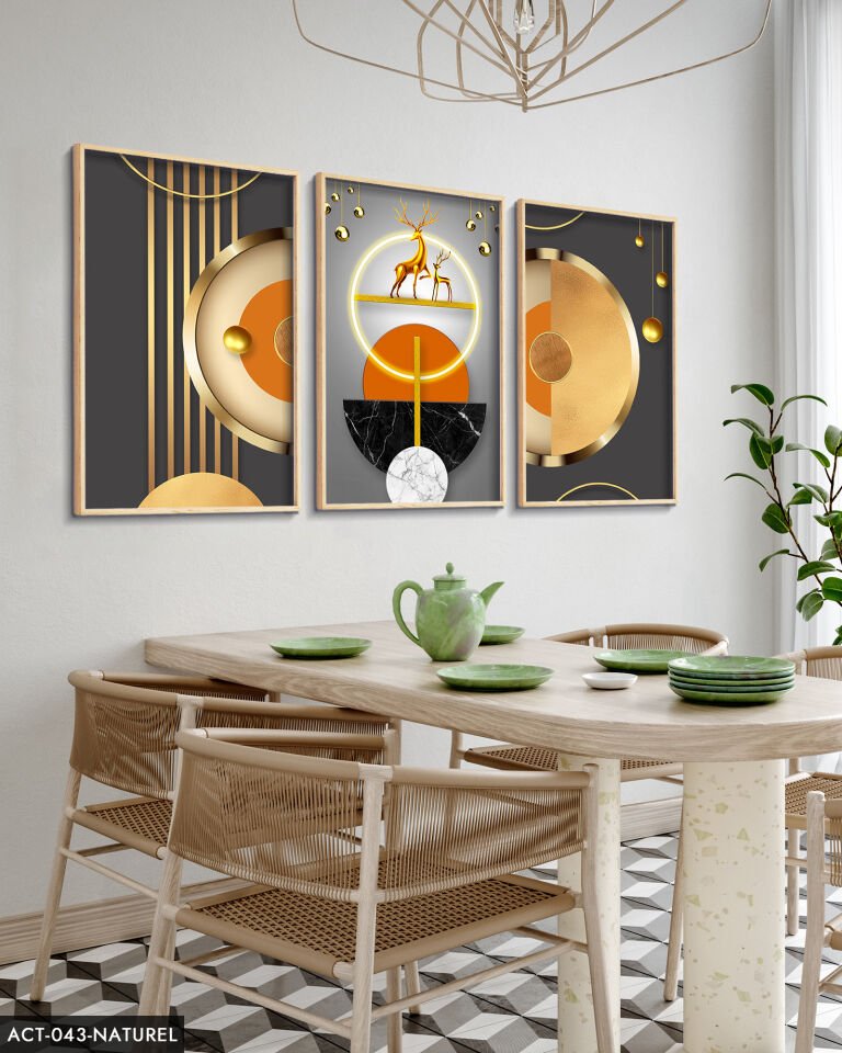 Gold, Geyik, Geometri, Soyut, Neon 3 Parça Ahşap Çerçeveli Tablo ACT Naturel - 40 x 60 CM
