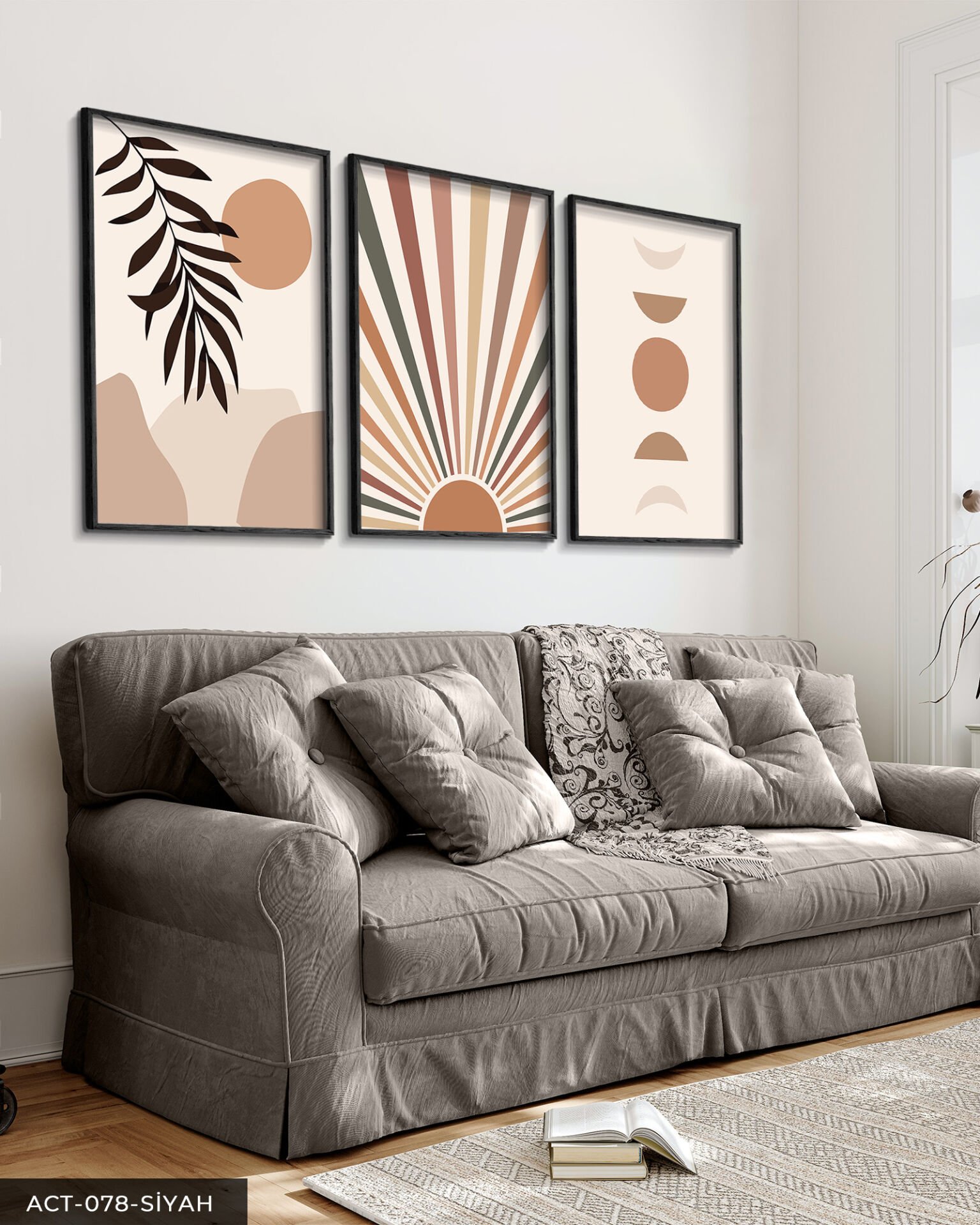 Soyut Desen 3 Parça Ahşap Çerçeveli Tablo Siyah - 50 x 70 CM