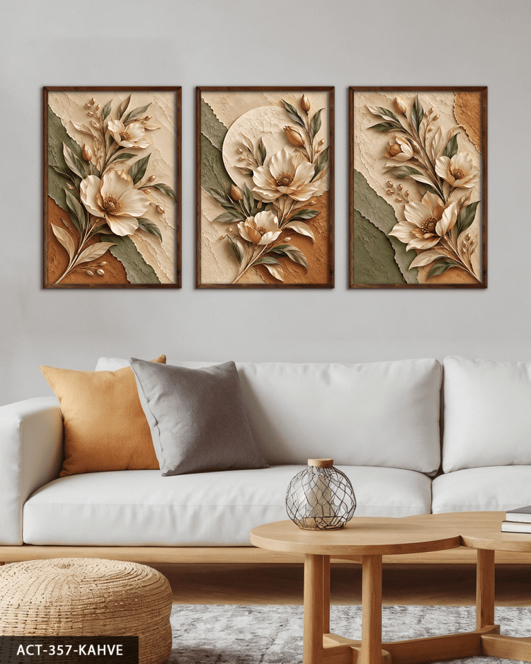 Dokulu Görünüm Soft Renkli Çiçek 3 Parça Ahşap Çerçeveli Tablo ACT Kahverengi - 40 x 60 CM
