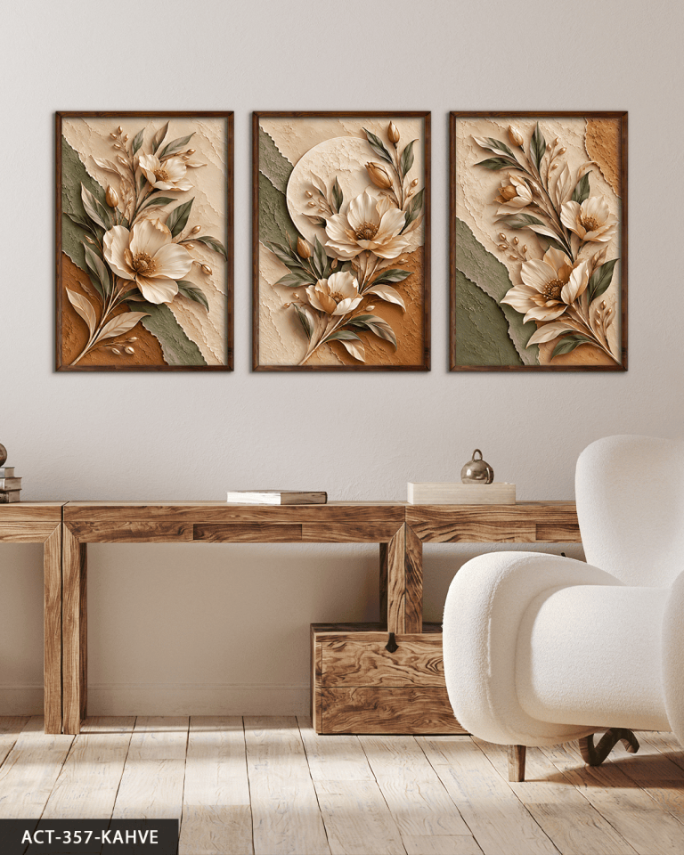 Dokulu Görünüm Soft Renkli Çiçek 3 Parça Ahşap Çerçeveli Tablo ACT Kahverengi - 40 x 60 CM