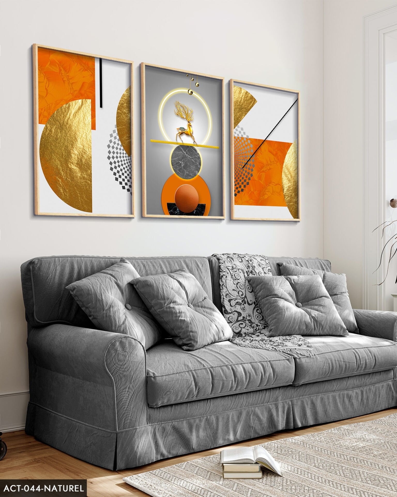 Gold, Geyik, Geometri, Soyut, Neon 3 Parça Ahşap Çerçeveli Tablo ACT Naturel - 40 x 60 CM