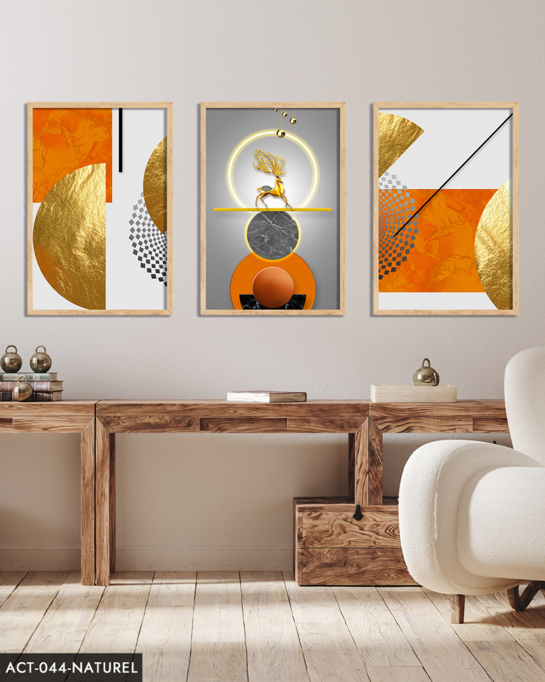 Gold, Geyik, Geometri, Soyut, Neon 3 Parça Ahşap Çerçeveli Tablo ACT Naturel - 40 x 60 CM