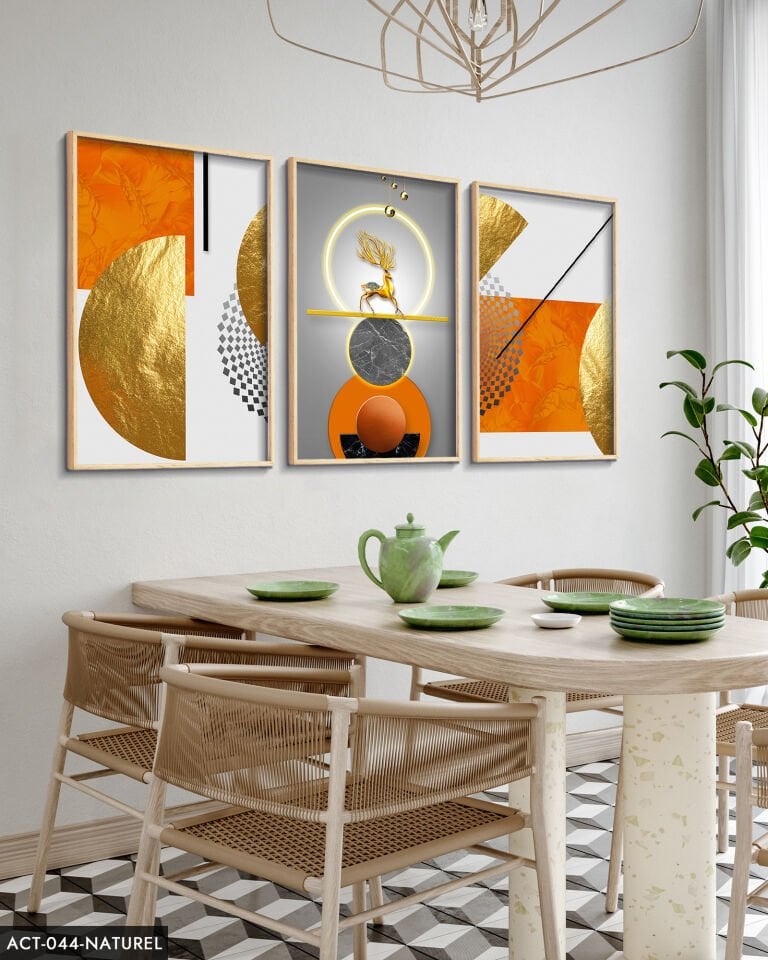 Gold, Geyik, Geometri, Soyut, Neon 3 Parça Ahşap Çerçeveli Tablo ACT Naturel - 40 x 60 CM