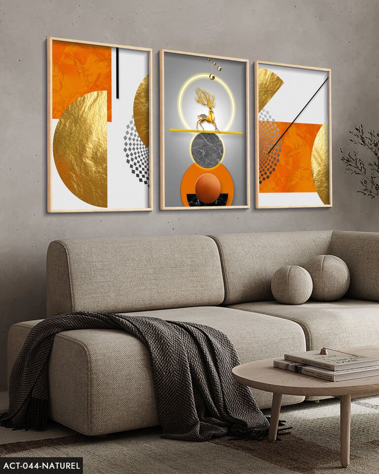 Gold, Geyik, Geometri, Soyut, Neon 3 Parça Ahşap Çerçeveli Tablo ACT Naturel - 40 x 60 CM