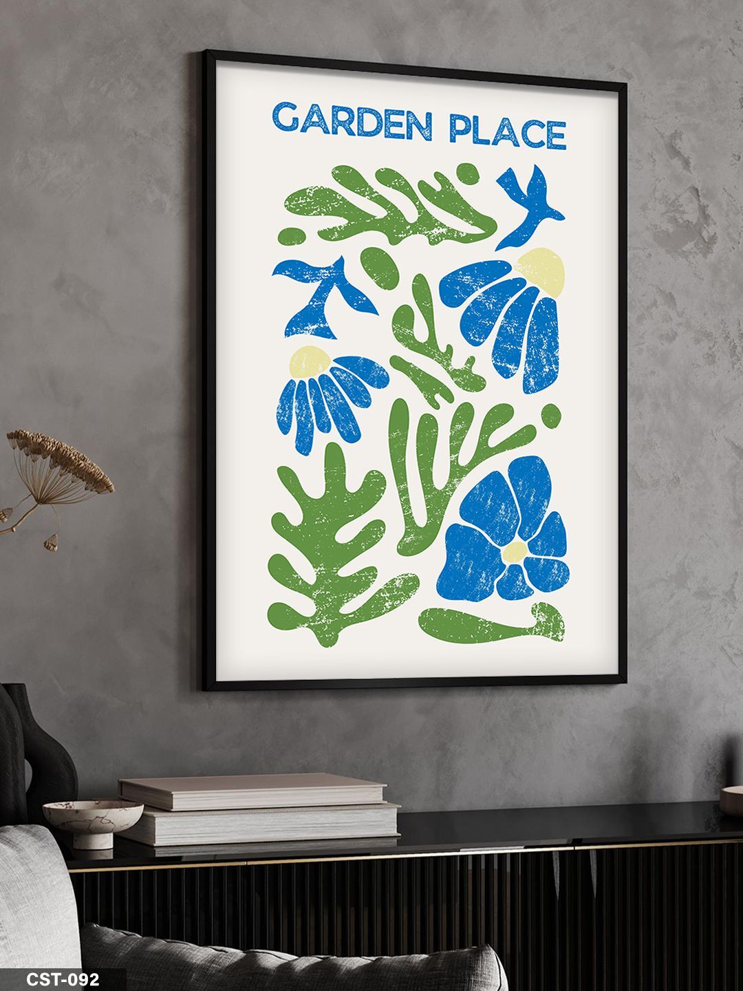 Mavi-yeşil Çiçekli Garden Place Yazılı Tek Parça Ahşap Çerçeveli Tablo Siyah - 40 x 60 CM