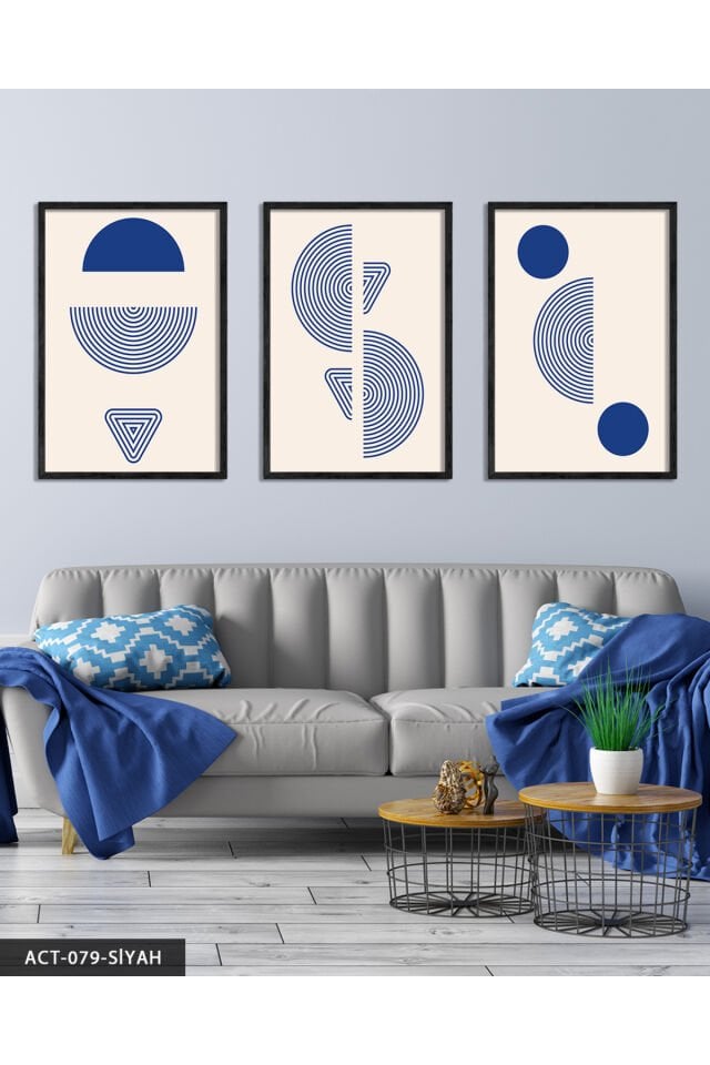 Mavi Soyut Desen 3 Parça Ahşap Çerçeveli Tablo Siyah - 50 x 70 CM