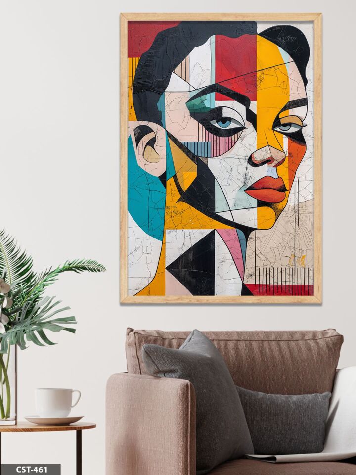 Renkli Kadın Portre Tek Parça Ahşap Çerçeveli Tablo Naturel - 40 x 60 CM
