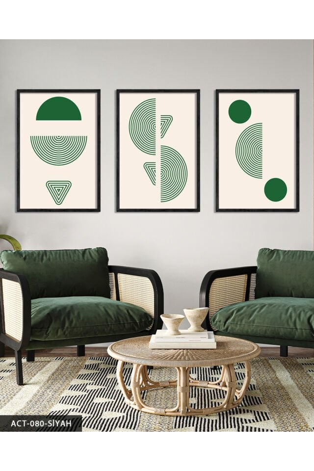 Yeşil Soyut Desen 3 Parça Ahşap Çerçeveli Tablo Siyah - 50 x 70 CM