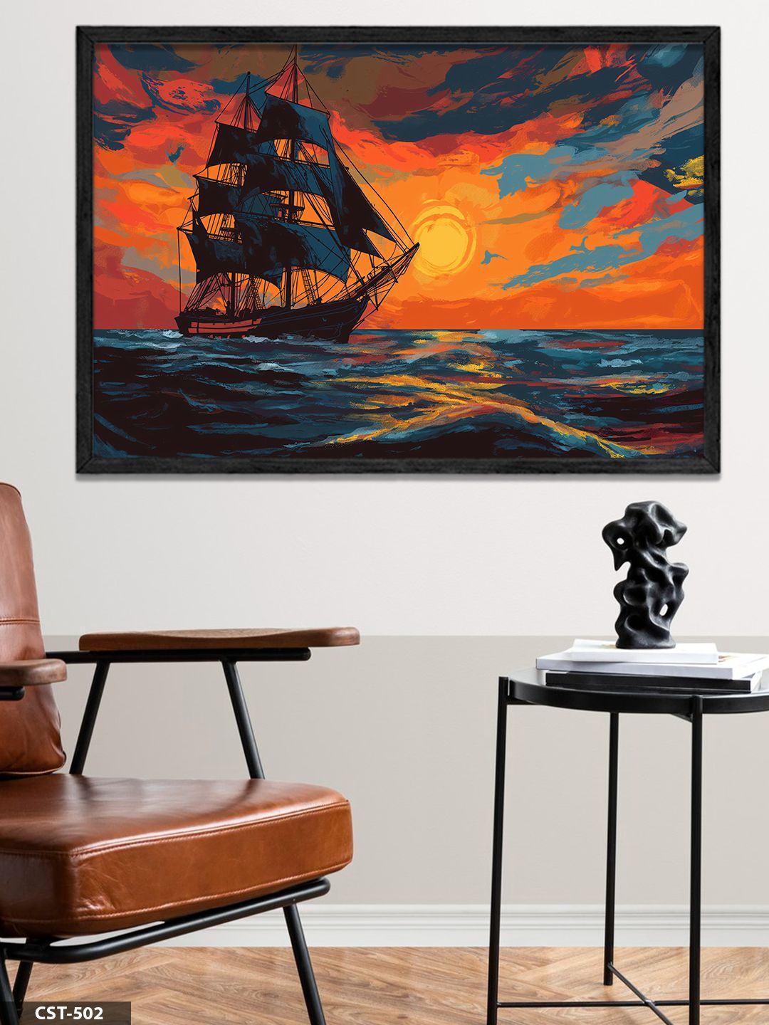 Günbatımında Gemi Tek Parça Ahşap Çerçeveli Tablo Siyah - 50 x 70 CM