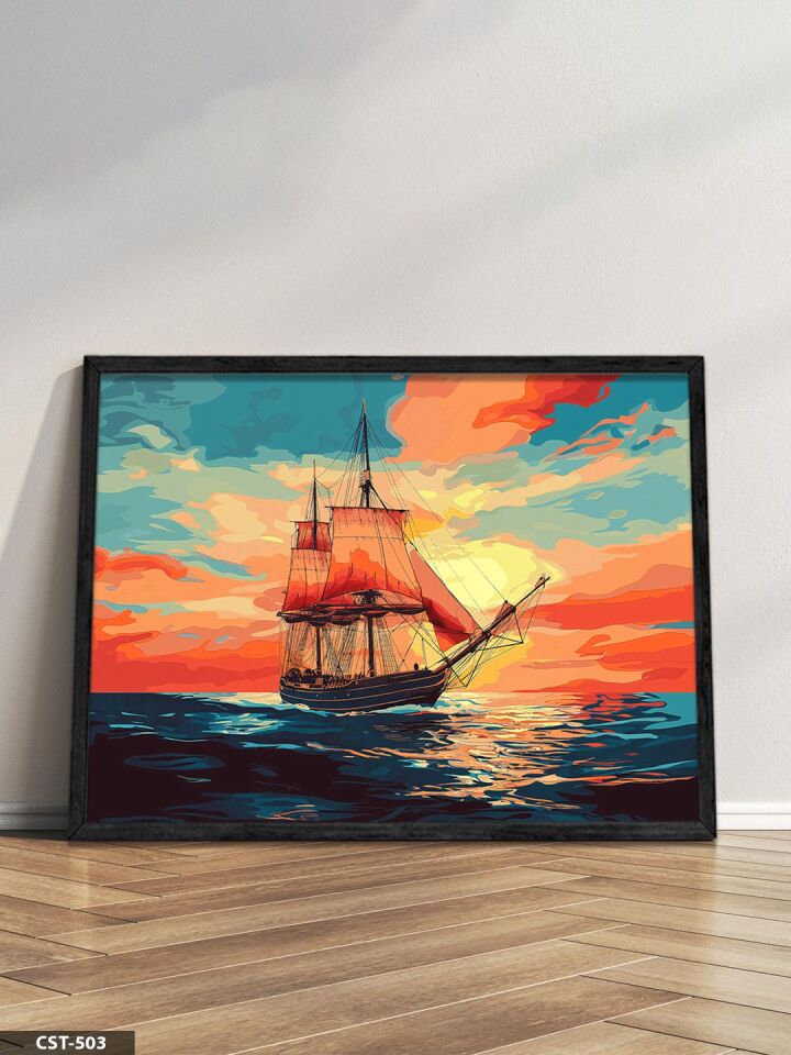 Günbatımında Gemi Tek Parça Ahşap Çerçeveli Tablo Siyah - 50 x 70 CM